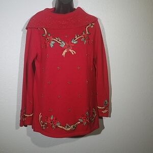 Vintage Red embroidered Beaded Christmas Sweater S
